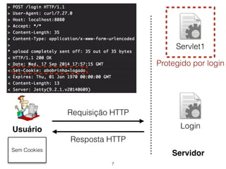 7 
Usuário 
Servlet1 
Protegido por login 
Login 
Servidor 
Sem Cookies 
Requisição HTTP 
Resposta HTTP 
 