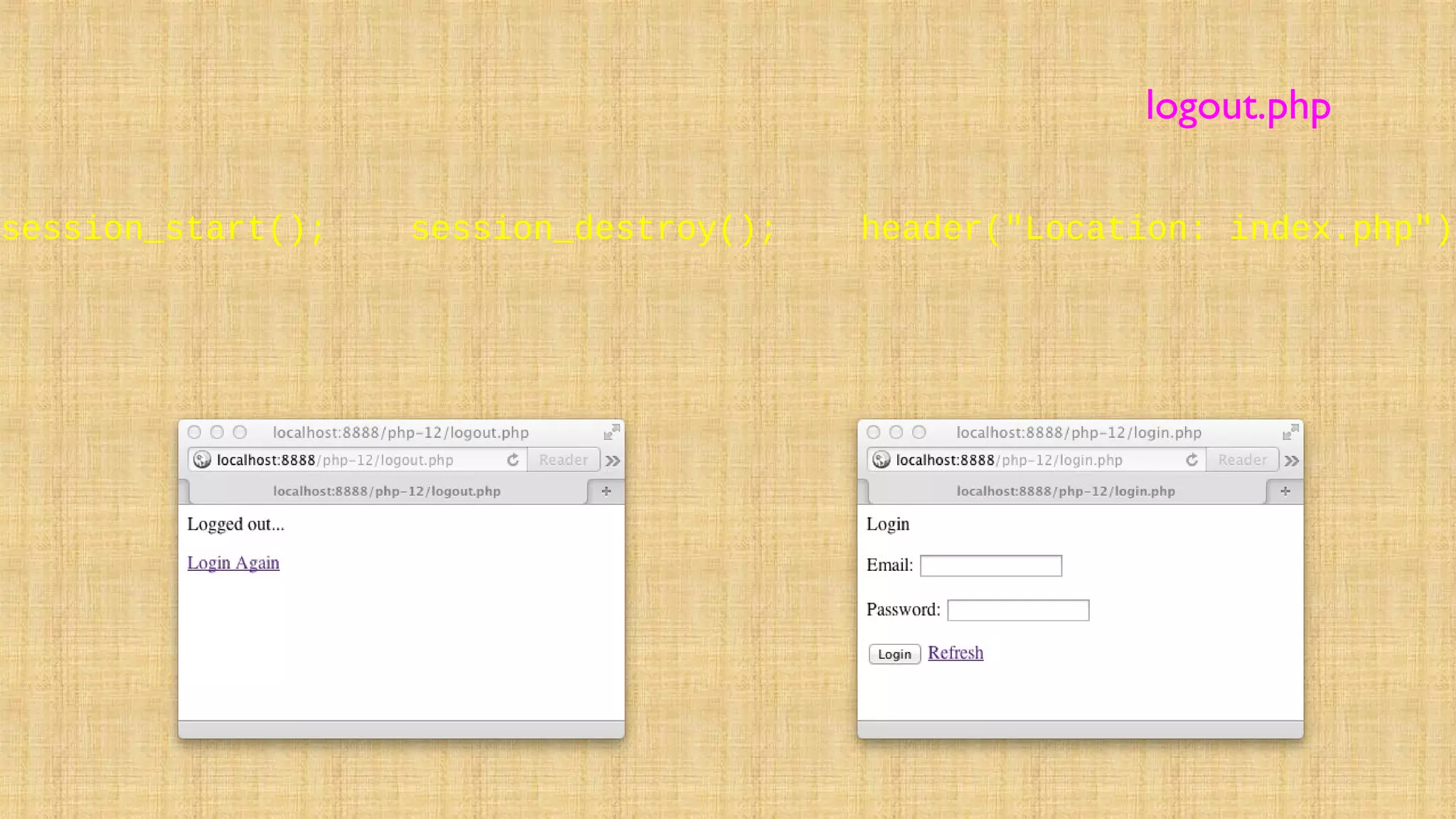 session_start(); session_destroy(); header("Location: index.php");
logout.php
 