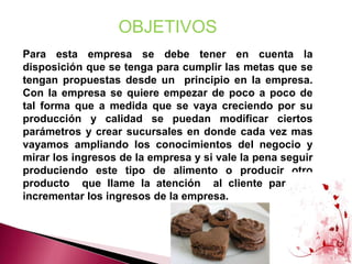 OBJETIVOSPara esta empresa se debe tener en cuenta la disposición que se tenga para cumplir las metas que se tengan propuestas desde un  principio en la empresa. Con la empresa se quiere empezar de poco a poco de tal forma que a medida que se vaya creciendo por su producción y calidad se puedan modificar ciertos parámetros y crear sucursales en donde cada vez mas vayamos ampliando los conocimientos del negocio y mirar los ingresos de la empresa y si vale la pena seguir produciendo este tipo de alimento o producir otro producto  que llame la atención  al cliente para así incrementar los ingresos de la empresa.