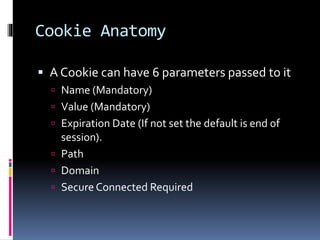 Cookie Anatomy
 A Cookie can have 6 parameters passed to it
 Name (Mandatory)
 Value (Mandatory)
 Expiration Date (If not set the default is end of
session).
 Path
 Domain
 Secure Connected Required
 