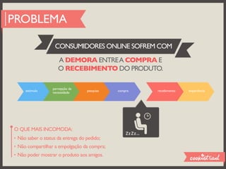 PROBLEMA

                   CONSUMIDORES ONLINE SOFREM COM
                     A DEMORA ENTRE A COMPRA E
                     O RECEBIMENTO DO PRODUTO.

                  percepção da
     estímulo     necessidade      pesquisa   compra   recebimento   experiência




O QUE MAIS INCOMODA:
• Não saber o status da entrega do pedido;
• Não compartilhar a empolgação da compra;
• Não poder mostrar o produto aos amigos.
 