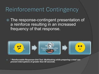 Reinforcement Contingency
   The response-contingent presentation of
    a reinforce resulting in an increased
    freque...