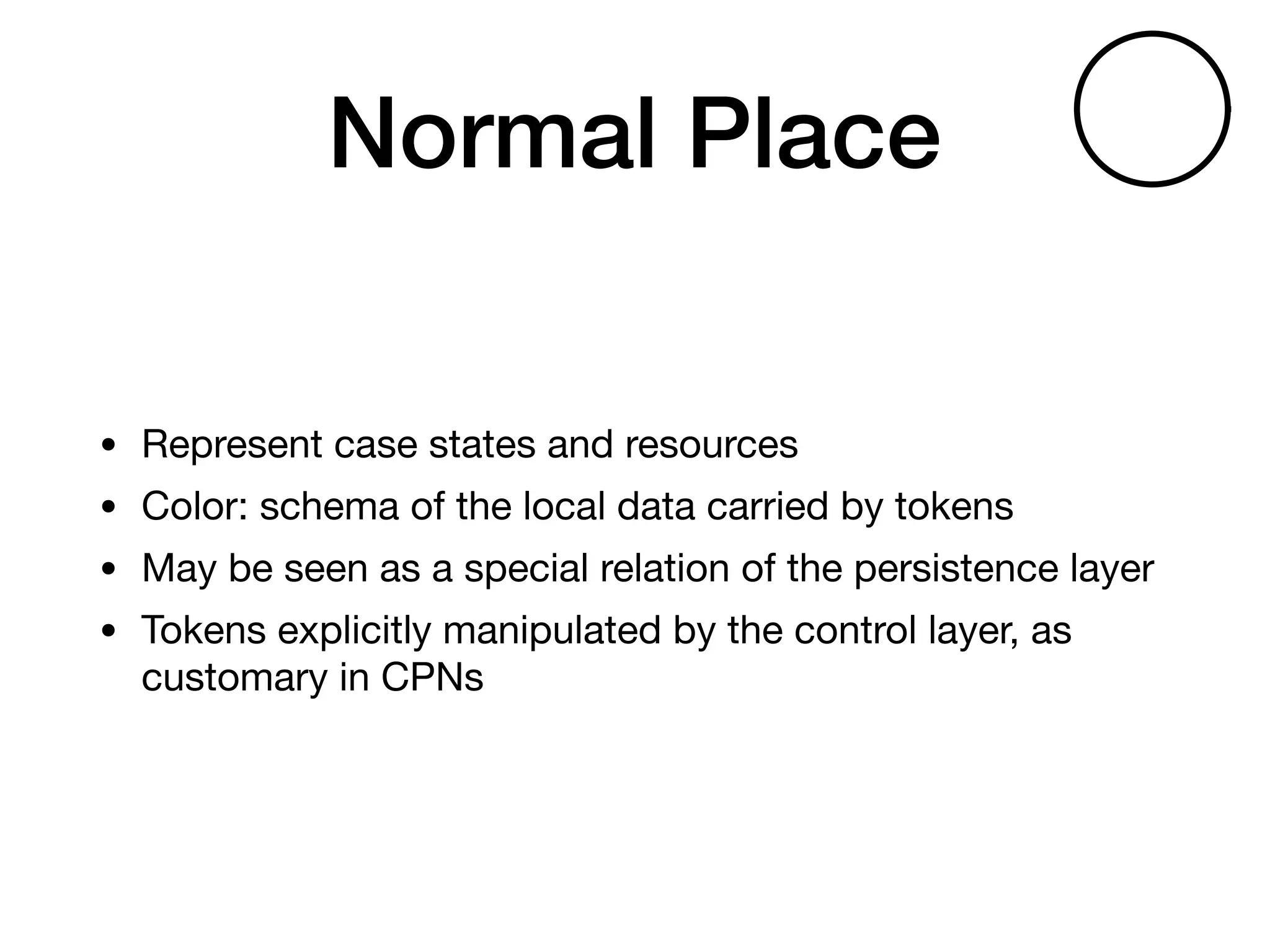 Normal Place
• Represent case states and resources

• Color: schema of the local data carried by tokens

• May be seen as a special relation of the persistence layer

• Tokens explicitly manipulated by the control layer, as
customary in CPNs Tickets
h
Fig. 2. Th
 