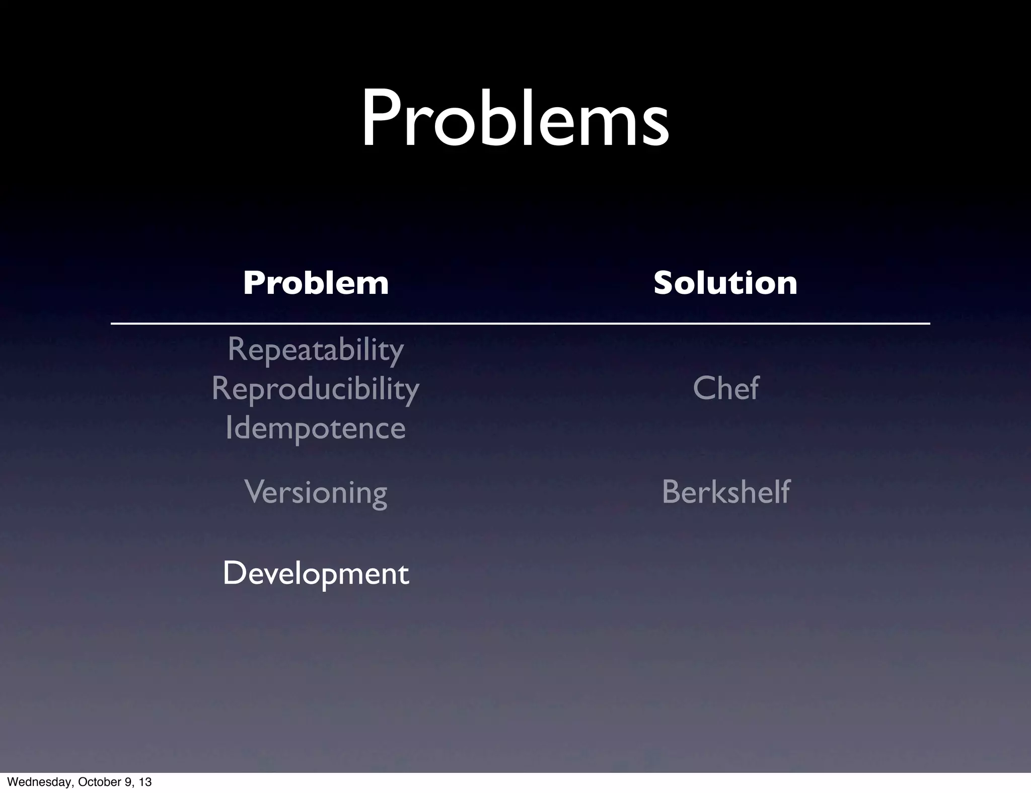 Problems
Problem Solution
Repeatability
Reproducibility
Idempotence
Chef
Versioning Berkshelf
Development
Wednesday, October 9, 13
 