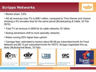 Scripps Networks
• Market share: 3.8%
• 4Q ad revenues rose 7% to $281 million, compared to Time Warner and Viacom
showing a 4% ad-sales drop for the same period (Broadcasting & Cable, 22 Feb
2010)
• Total TV ad revenue in 2009 for its cable networks: $1 billion
• Seeing advertisers shift to more specialty networks
• Rates running 20% higher than upfront
• Carriage fees: estimated to receive about $0.08 per subscriber/month for Food
Network and $0.13 per subscriber/month for HGTV; Scripps negotiated this up,
likely (Multichannel News, 10 Feb)
 
