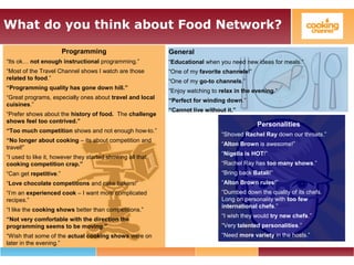What do you think about Food Network?
Programming
“Its ok… not enough instructional programming.”
“Most of the Travel Channel shows I watch are those
related to food.”
“Programming quality has gone down hill.”
“Great programs, especially ones about travel and local
cuisines.”
“Prefer shows about the history of food. The challenge
shows feel too contrived.”
“Too much competition shows and not enough how-to.”
“No longer about cooking – its about competition and
travel!”
“I used to like it, however they started showing all that
cooking competition crap.”
“Can get repetitive.”
“Love chocolate competitions and cake bakers!”
“I’m an experienced cook – I want more complicated
recipes.”
“I like the cooking shows better than competitions.”
“Not very comfortable with the direction the
programming seems to be moving.”
“Wish that some of the actual cooking shows were on
later in the evening.”
General
“Educational when you need new ideas for meals.”
“One of my favorite channels!”
“One of my go-to channels.”
“Enjoy watching to relax in the evening.”
“Perfect for winding down.”
“Cannot live without it.”
Personalities
“Shoved Rachel Ray down our throats.”
“Alton Brown is awesome!”
“Nigella is HOT!”
“Rachel Ray has too many shows.”
“Bring back Batali!”
“Alton Brown rules!”
“Dumbed down the quality of its chefs.
Long on personality with too few
international chefs.”
“I wish they would try new chefs.”
“Very talented personalities.”
“Need more variety in the hosts.”
 