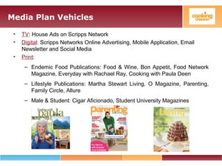 Media Plan Vehicles
• TV: House Ads on Scripps Network
• Digital: Scripps Networks Online Advertising, Mobile Application, Email
Newsletter and Social Media
• Print:
– Endemic Food Publications: Food & Wine, Bon Appetit, Food Network
Magazine, Everyday with Rachael Ray, Cooking with Paula Deen
– Lifestyle Publications: Martha Stewart Living, O Magazine, Parenting,
Family Circle, Allure
– Male & Student: Cigar Aficionado, Student University Magazines
 