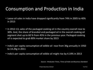 Consumption and Production in India
• Loose oil sales in India have dropped significantly from 74% in 2005 to 40%
in 2013
• In 2012-13, sales of the packaged cooking oil in the country overall rose to
30%. And, the share of branded and packaged oil in the overall cooking oil
segment shot up to 60 % from 45% in the previous year. Packaged cooking
oil is expected to grab 80% market share by 2015
• India’s per capita consumption of edible oil rose from 3Kg annually in 1950
to 14.2Kg in 2011
• India’s per capita consumption of edible oil might rise by 4.19% in 2013
Source : Hindustan Times, Times of India and Business Standard
Praxis Business School

5 of 11

 