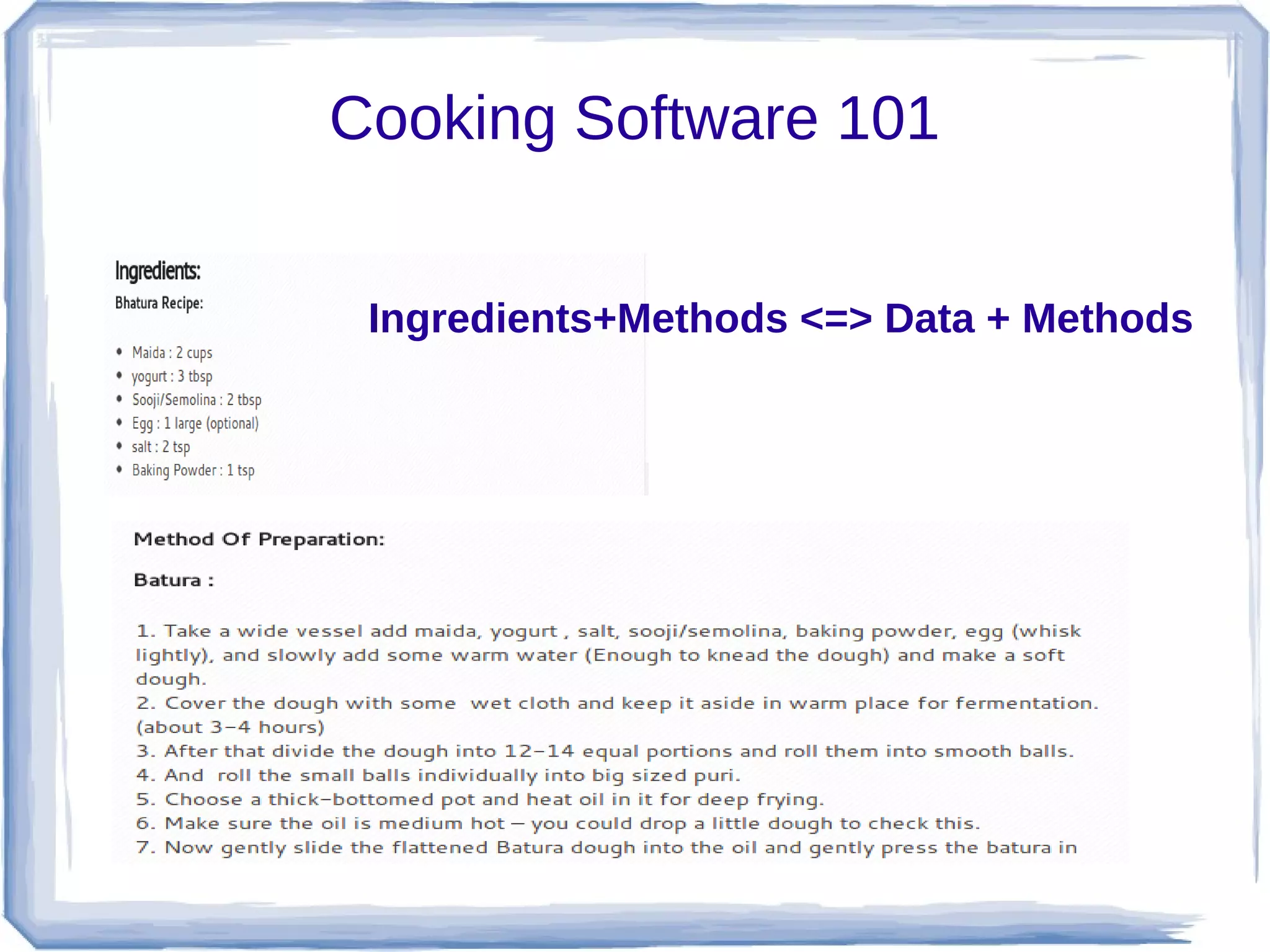 Cooking Software 101


 Ingredients+Methods <=> Data + Methods
 