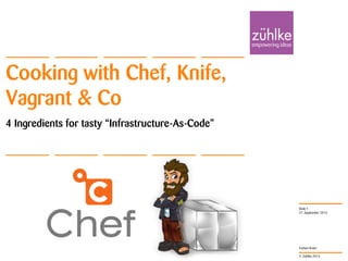© Zühlke 2013
Torben Knerr
Cooking with Chef, Knife,
Vagrant & Co
4 Ingredients for tasty “Infrastructure-As-Code”
27. September 2013
Slide 1
 