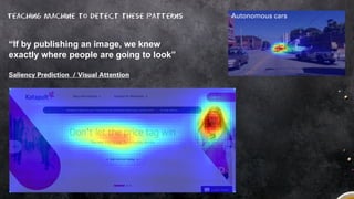 “If by publishing an image, we knew
exactly where people are going to look”
Teaching machine to detect these patterns
Saliency Prediction / Visual Attention
Autonomous cars
 