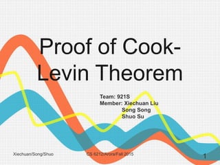 Proof of Cook-
Levin Theorem
Team: 921S
Member: Xiechuan Liu
Song Song
Shuo Su
1CS 6212/Arora/Fall 2015Xiechuan/Song/Shuo
 
