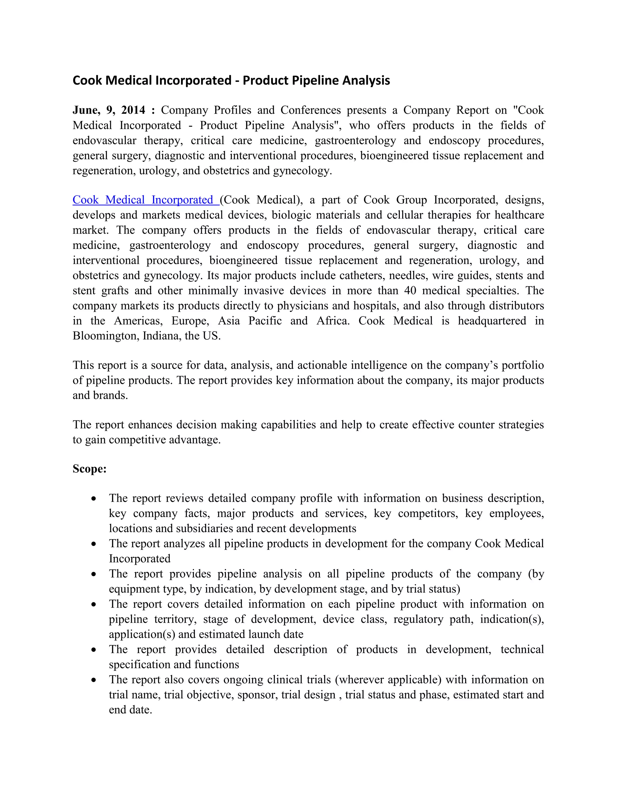Cook medical incorporated product pipeline analysis DOCX