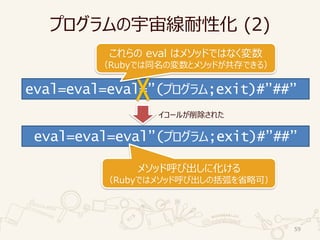 プログラムの宇宙線耐性化 (2)
59
eval=eval=eval=”(プログラム;exit)#”##”
eval=eval=eval”(プログラム;exit)#”##”
イコールが削除された
メソッド呼び出しに化ける
（Rubyではメソッド呼び出しの括弧を省略可）
これらの eval はメソッドではなく変数
（Rubyでは同名の変数とメソッドが共存できる）
 