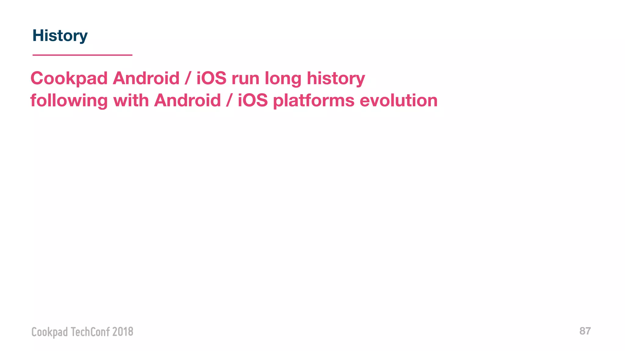 History
87
Cookpad Android / iOS run long history
following with Android / iOS platforms evolution
 