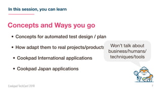 In this session, you can learn
7
Concepts and Ways you go
• Concepts for automated test design / plan
• How adapt them to real projects/products
• Cookpad International applications
• Cookpad Japan applications
Won’t talk about
business/humans/
techniques/tools
 