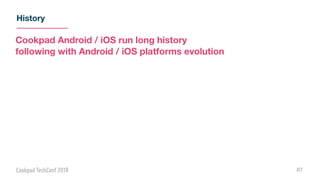 History
87
Cookpad Android / iOS run long history
following with Android / iOS platforms evolution
 