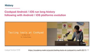 History
88
Cookpad Android / iOS run long history
following with Android / iOS platforms evolution
https://academy.realm.io/posts/tasting-tests-at-cookpad-try-swift-2017/
 
