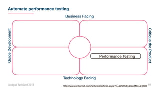 Automate performance testing
95
Performance Testing
Business Facing
Technology Facing
GuideDevelopment
CritiquetheProduct
http://www.informit.com/articles/article.aspx?p=2253544&ranMID=24808
 