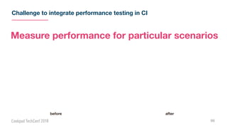 Challenge to integrate performance testing in CI
96
before after
Measure performance for particular scenarios
 