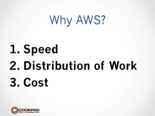 Why AWS?

1.  Speed
2.  Distribution of Work
3.  Cost
 
