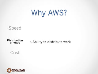 Why AWS?
 Speed

Distribution
  of Work      o  Ability to distribute work


  Cost
 