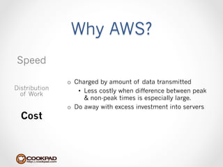 Why AWS?
Speed

               o  Charged by amount of data transmitted
Distribution       •  Less costly when difference between peak
  of Work
                      & non-peak times is especially large.
               o  Do away with excess investment into servers
  Cost
 