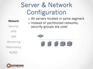 Server & Network
               Configuration
               o  All servers located in same segment
 Network
               o  Instead of partitioned networks,
 Security         security groups are used
   DNS

   AMI

Monitoring

Redundancy

  MySQL
 