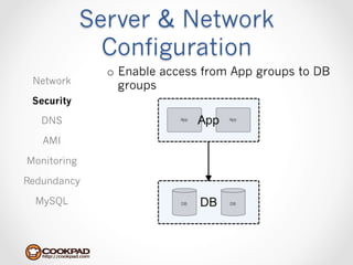 Server & Network
               Configuration
               o  Enable access from App groups to DB
 Network          groups
 Security

   DNS

   AMI

Monitoring

Redundancy

  MySQL
 