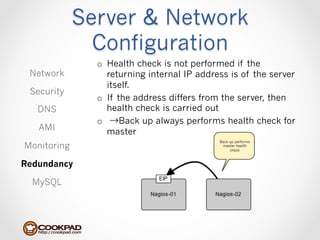 Server & Network
               Configuration
               o  Health check is not performed if the
 Network          returning internal IP address is of the server
                  itself.
 Security
               o  If the address differs from the server, then
   DNS            health check is carried out
               o  →Back up always performs health check for
   AMI            master
                                             Back-up performs
Monitoring                                    master health
                                                  check



Redundancy

  MySQL
 