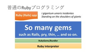 Ruby interpreter
Ruby (Rails) app
RubyGems/Bundler
So many gems
such as Rails, pry, thin, … and so on.
普通のRubyプログラミング
i gigantum umeris insidentes
Standing on the shoulders of giants
 