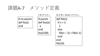 課題A-7 メソッド定義
def fib(n)
if n < 2
1
else
fib(n – 2) + fib(n-1)
end
end
fib(10)
# param
def foo(a)
a
end
foo(100)
# no param
def foo()
end
引数+呼び出し fib 定義と fib(10) の呼び出し
 