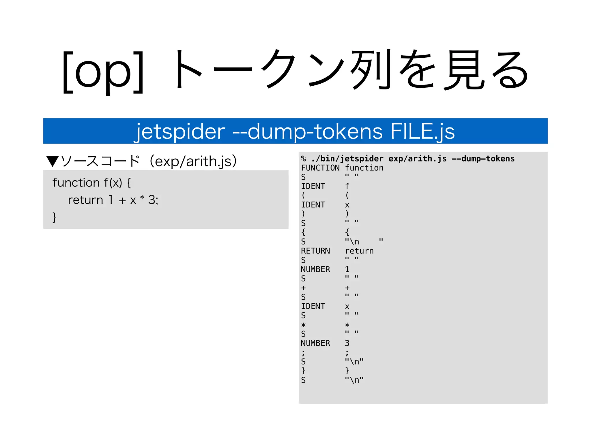 [op] トークン列を見る
% ./bin/jetspider exp/arith.js --dump-tokens
FUNCTION function
S " "
IDENT f
( (
IDENT x
) )
S " "
{ {
S "n "
RETURN return
S " "
NUMBER 1
S " "
+ +
S " "
IDENT x
S " "
* *
S " "
NUMBER 3
; ;
S "n"
} }
S "n"
jetspider --dump-tokens FILE.js
function f(x) {
return 1 + x * 3;
}
▼ソースコード（exp/arith.js）
 