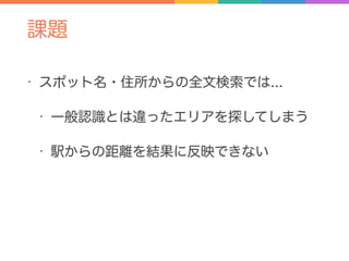 課題
• スポット名・住所からの全文検索では...
• 一般認識とは違ったエリアを探してしまう
• 駅からの距離を結果に反映できない
 