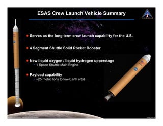 ESAS Crew Launch Vehicle Summary



                          ! Serves as the long term crew launch capability for the U.S.


                          ! 4 Segment Shuttle Solid Rocket Booster


                          ! New liquid oxygen / liquid hydrogen upperstage
                                     ¥ 1 Space Shuttle Main Engine


                          ! Payload capability
                                     ¥ ~25 metric tons to low-Earth orbit




National Aeronautics and Space Administration                                             7108_Ares.8
 