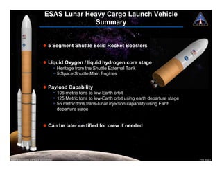 ESAS Lunar Heavy Cargo Launch Vehicle
                                                  Summary


                                  ! 5 Segment Shuttle Solid Rocket Boosters


                                  ! Liquid Oxygen / liquid hydrogen core stage
                                                ¥ Heritage from the Shuttle External Tank
                                                ¥ 5 Space Shuttle Main Engines


                                  ! Payload Capability
                                                ¥ 106 metric tons to low-Earth orbit
                                                ¥ 125 Metric tons to low-Earth orbit using earth departure stage
                                                ¥ 55 metric tons trans-lunar injection capability using Earth
                                                  departure stage


                                  ! Can be later certified for crew if needed




National Aeronautics and Space Administration                                                                      7108_Ares.9
 