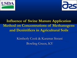 Influence of Swine Manure ApplicationInfluence of Swine Manure Application
Method on Concentrations of MethanogensMethod on Concentrations of Methanogens
and Denitrifiers in Agricultural Soilsand Denitrifiers in Agricultural Soils
Kimberly Cook & Karamat SistaniKimberly Cook & Karamat Sistani
Bowling Green, KYBowling Green, KY
 