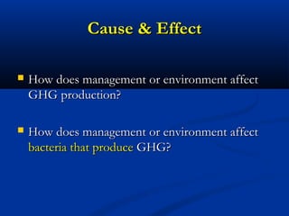 Cause & EffectCause & Effect
 How does management or environment affectHow does management or environment affect
GHG production?GHG production?
 How does management or environment affectHow does management or environment affect
bacteria that producebacteria that produce GHG?GHG?
 