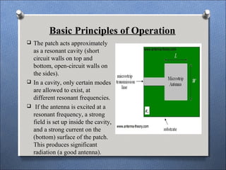Basic Principles of Operation
 The patch acts approximately
as a resonant cavity (short
circuit walls on top and
bottom, open-circuit walls on
the sides).
 In a cavity, only certain modes
are allowed to exist, at
different resonant frequencies.
 If the antenna is excited at a
resonant frequency, a strong
field is set up inside the cavity,
and a strong current on the
(bottom) surface of the patch.
This produces significant
radiation (a good antenna).
 