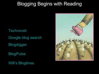 Blogging Begins with Reading Technorati Google  blog  search Blogdigger BlogPulse Will’s  Bloglines 