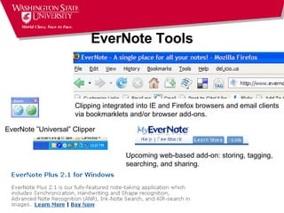 EverNote Tools EverNote ”Universal” Clipper Clipping integrated into IE and Firefox browsers and email clients  via bookmarklets and/or browser add-ons. Upcoming web-based add-on: storing, tagging, searching, and sharing. 