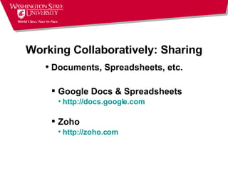 Working Collaboratively: Sharing Documents, Spreadsheets, etc. Google Docs & Spreadsheets http://docs.google.com Zoho http://zoho.com 