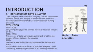 03
Modern Data
Analytics
INTRODUCTION
1.1 DEFINITION OF DATA ANALYSIS
Data Analytics is the science of analyzing raw data to uncover
patterns, trends, and insights. It transforms raw data into
meaningful information that can inform decision-making
processes.
EVOLUTION
1950s–1970s:
Early computing systems allowed for basic statistical analysis
on data.
1980s–1990s:
The concept of data warehousing emerged, enabling the
storage of large datasets for analytics.
2000s:
paving the way for Big Data technologies like Hadoop and
Spark
2010s–Present:The focus shifted to real-time analytics, Cloud
computing allowing organizations to act instantly on live data.
 