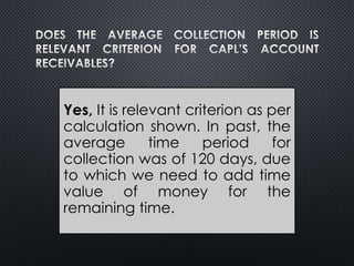 Yes, It is relevant criterion as per
calculation shown. In past, the
average time period for
collection was of 120 days, due
to which we need to add time
value of money for the
remaining time.
 