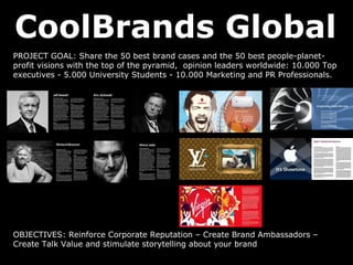 CoolBrands Global PROJECT GOAL: Share the 50 best brand cases and the 50 best people-planet-profit visions with the top of the pyramid,  opinion leaders worldwide: 10.000 Top executives - 5.000 University Students - 10.000 Marketing and PR Professionals. OBJECTIVES: Reinforce Corporate Reputation – Create Brand Ambassadors – Create Talk Value and stimulate storytelling about your brand 
