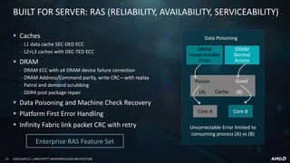 13 COOLCHIPS 21 | AMD EPYCTM MICROPROCESSOR ARCHITECTURE
BUILT FOR SERVER: RAS (RELIABILITY, AVAILABILITY, SERVICEABILITY)
DRAM
Uncorrectable
Error
Core A
Poison
Cache
DRAM
Normal
Access
Good
Core B
(A) (B)
Uncorrectable Error limited to
consuming process (A) vs (B)
Data Poisoning
Enterprise RAS Feature Set
▪ Caches
‒ L1 data cache SEC-DED ECC
‒ L2+L3 caches with DEC-TED ECC
▪ DRAM
‒ DRAM ECC with x4 DRAM device failure correction
‒ DRAM Address/Command parity, write CRC—with replay
‒ Patrol and demand scrubbing
‒ DDR4 post package repair
▪ Data Poisoning and Machine Check Recovery
▪ Platform First Error Handling
▪ Infinity Fabric link packet CRC with retry
 