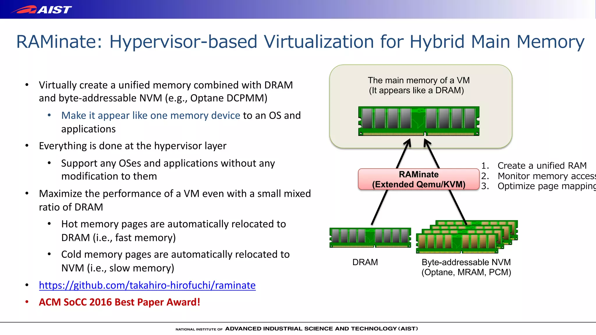 • Virtually create a unified memory combined with DRAM
and byte-addressable NVM (e.g., Optane DCPMM)
• Make it appear like one memory device to an OS and
applications
• Everything is done at the hypervisor layer
• Support any OSes and applications without any
modification to them
• Maximize the performance of a VM even with a small mixed
ratio of DRAM
• Hot memory pages are automatically relocated to
DRAM (i.e., fast memory)
• Cold memory pages are automatically relocated to
NVM (i.e., slow memory)
• https://github.com/takahiro-hirofuchi/raminate
• ACM SoCC 2016 Best Paper Award!
Byte-addressable NVM
(Optane, MRAM, PCM)
DRAM
The main memory of a VM
(It appears like a DRAM)
RAMinate
(Extended Qemu/KVM)
1. Create a unified RAM
2. Monitor memory access
3. Optimize page mapping
RAMinate: Hypervisor-based Virtualization for Hybrid Main Memory
 