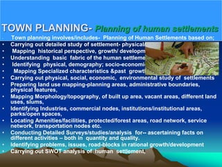 TOWN PLANNING- Planning of human settlements
• ;Town planning involves/includes- Planning of Human Settlements based on;
• Carrying out detailed study of settlement- physical/ social
• Mapping historical perspective, growth/ development.
• Understanding basic fabric of the human settlements
• Identifying physical, demography; socio-economic features
• Mapping Specialized characteristics &past growth trends,
• Carrying out physical, social, economic, environmental study of settlements
• Preparing land use mapping-planning areas, administrative boundaries,
physical features,
• Mapping Morphology/topography, of built up area, vacant areas, different land
uses, slums,
• Identifying Industries, commercial nodes, institutions/institutional areas,
parks/open spaces,
• Locating Amenities/facilities, protected/forest areas, road network, service
network, transportation nodes etc.
• Conducting Detailed Surveys/studies/analysis for-- ascertaining facts on
different activities – both in quantity and quality.
• Identifying problems, issues, road-blocks in rational growth/development
• Carrying out SWOT analysis of human settlement,
 