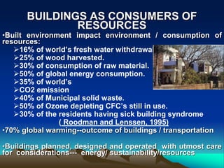 BUILDINGS AS CONSUMERS OF
RESOURCES
•Built environment impact environment / consumption of
resources:
16% of world’s fresh water withdrawal.
25% of wood harvested.
30% of consumption of raw material.
50% of global energy consumption.
35% of world’s
CO2 emission
40% of Municipal solid waste.
50% of Ozone depleting CFC’s still in use.
30% of the residents having sick building syndrome
( Roodman and Lenssen, 1995)
•70% global warming--outcome of buildings / transportation
•Buildings planned, designed and operated with utmost care
for considerations--- energy/ sustainability/resources
 