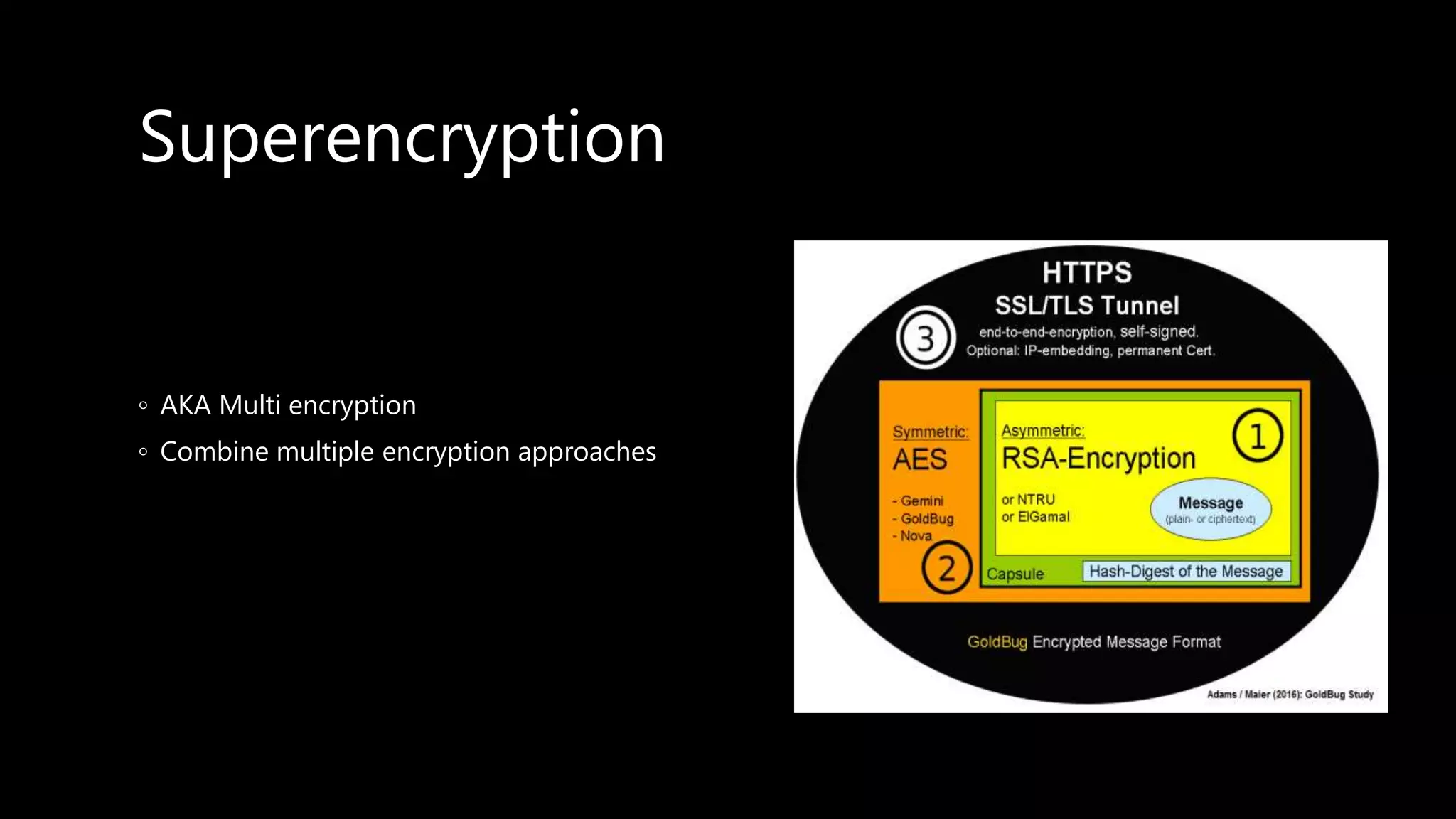 Superencryption
◦ AKA Multi encryption
◦ Combine multiple encryption approaches
 
